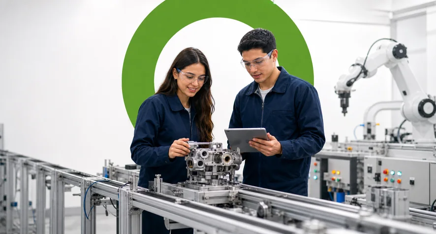Estudiantes de Ingeniería Industrial trabajando con brazo robótico y línea de producción automatizada - Areandina CSU Cúcuta