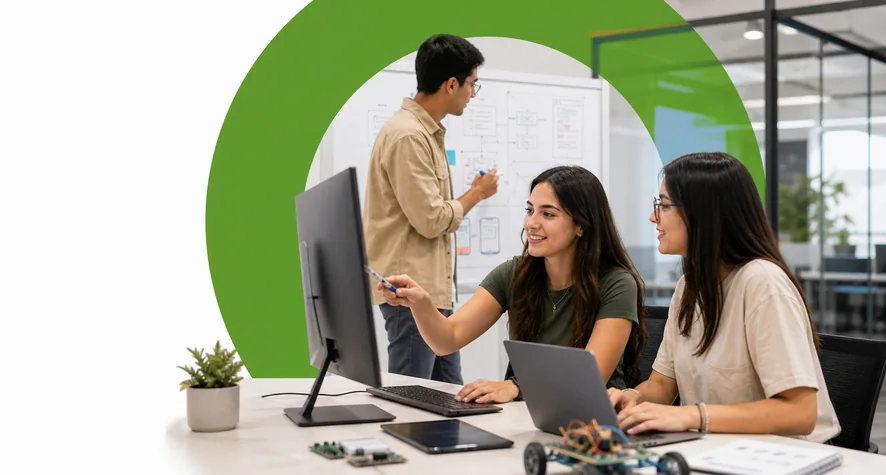 Desarrolladores de software colaborando en un proyecto tecnológico - Ingeniería de Software Virtual Areandina CSU Cúcuta