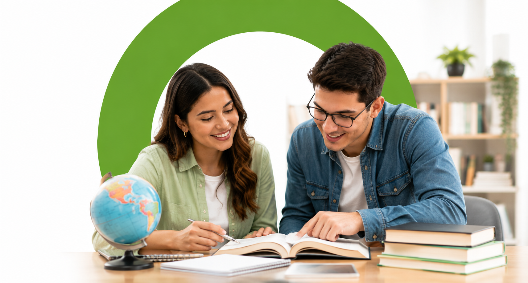 Estudiantes revisando libros y globo terráqueo - Derecho Virtual Areandina CSU Cúcuta