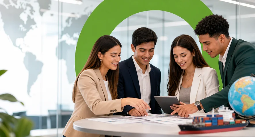 Equipo de negocios revisando mapa mundial y logística internacional - Finanzas y Negocios Internacionales Virtual Areandina CSU Cúcuta